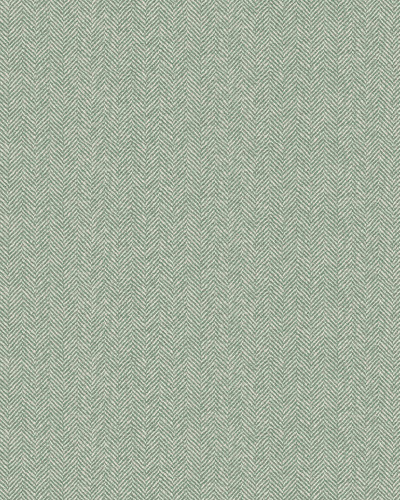Tapet verde cu model subtil în zig-zag într-o cameră decorată cu șemineu și obiecte decorative vintage.
