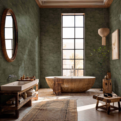 Tapet lavabil Rif Relief, Sage, Coordonne cu design modern geometric in nuante de verde salvie, perfect pentru decorarea unei bai.