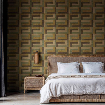 Tapet lavabil cu design geometric modern in nuante de verde si maro, ideal pentru dormitor.