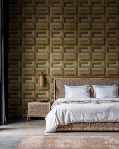 Tapet lavabil cu design geometric modern in nuante de verde si maro, ideal pentru dormitor.