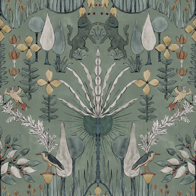 Tapet lavabil Oasis Villa Celadon cu un design floral delicat si o paleta de culori calde.