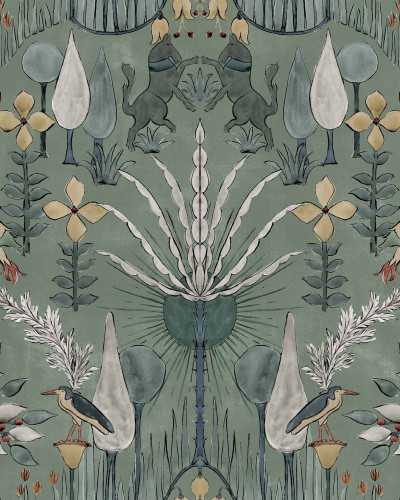 Tapet lavabil Oasis Villa Celadon cu un design floral delicat si o paleta de culori calde.