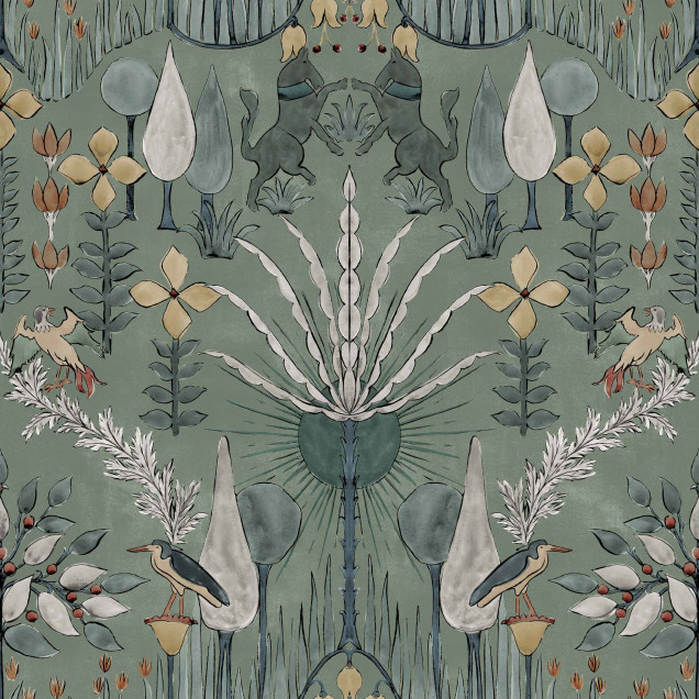 Tapet lavabil Oasis Villa Celadon cu un design floral delicat si o paleta de culori calde.