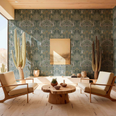 Tapet lavabil Oasis Villa Celadon cu un design floral delicat si o paleta de culori calde.