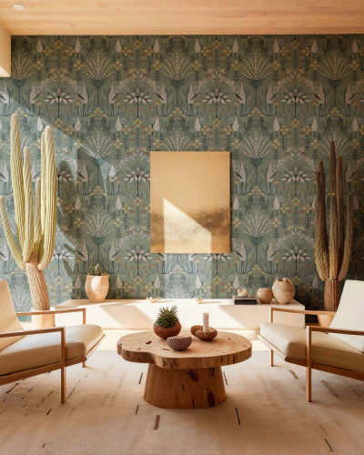 Tapet lavabil Oasis Villa Celadon cu un design floral delicat si o paleta de culori calde.