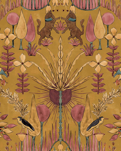 Tapet cu design exotic Oasis Villa Curry cu model floral inspirat de deșert