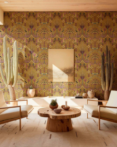 Tapet cu design exotic Oasis Villa Curry cu model floral inspirat de deșert