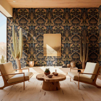 Tapet cu model floral inspirat de natură, cu nuanțe calde și accente de aur, ideal pentru a crea o atmosferă relaxantă și elegantă în orice cameră.
