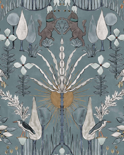 Tapet lavabil Oasis Villa, Sky, Coordonne, cu un design floral complex si elegant, cu motive florale, pasari si accente aurii pe un fundal bleumarin