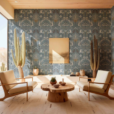 Tapet lavabil Oasis Villa, Sky, Coordonne, cu un design floral complex si elegant, cu motive florale, pasari si accente aurii pe un fundal bleumarin