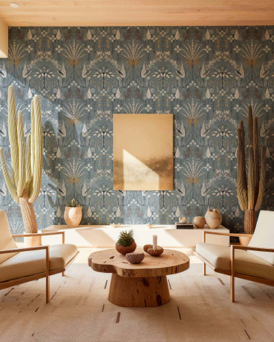 Tapet lavabil Oasis Villa, Sky, Coordonne, cu un design floral complex si elegant, cu motive florale, pasari si accente aurii pe un fundal bleumarin