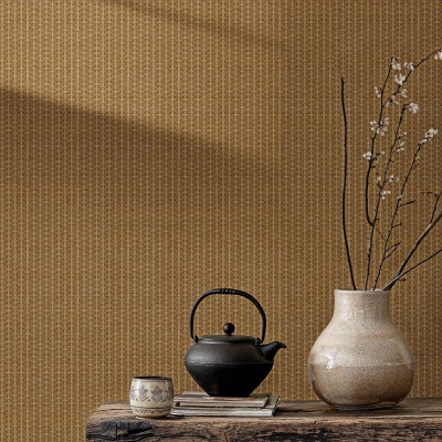 Tapet lavabil cu design modern si elegant, Kuba Raffia Sienna, cu un model subtil de impletitura, ce imita rafia naturala, si are o culoare calduroasa de siena.