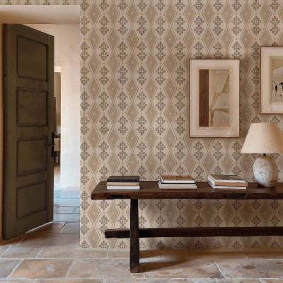 Tapet Beldi Rugs, Bone, cu model geometric, in nuante de bej si auriu