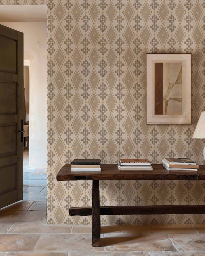 Tapet Beldi Rugs, Bone, cu model geometric, in nuante de bej si auriu