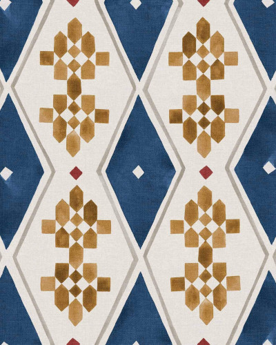 Tapet lavabil cu model geometric, "Beldi Rugs", in nuante de albastru, auriu si rosu.