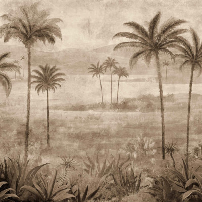 Tapet Draa Palms Bone, cu palmieri, într-un dormitor