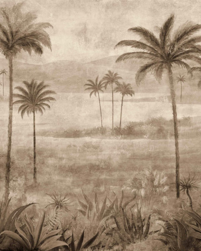 Tapet Draa Palms Bone, cu palmieri, într-un dormitor