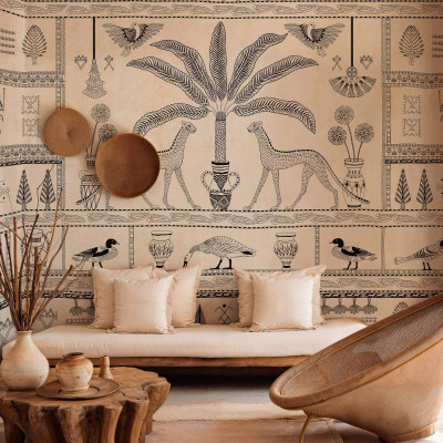 Tapet lavabil cu design exotic, cu motive geometrice și culori neutre, perfect pentru living sau dormitor.