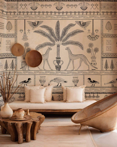 Tapet lavabil cu design exotic, cu motive geometrice și culori neutre, perfect pentru living sau dormitor.