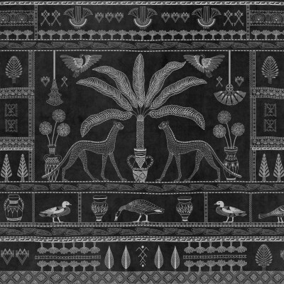 Tapet coordonne cu design marocan, cu palmieri, lei și alte motive tradiționale. Tapetul este pe un fond întunecat și are o nuanță gri.