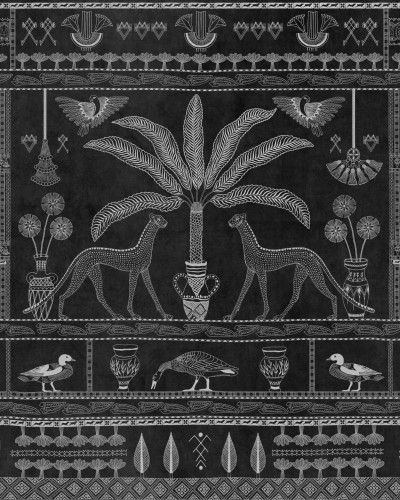 Tapet coordonne cu design marocan, cu palmieri, lei și alte motive tradiționale. Tapetul este pe un fond întunecat și are o nuanță gri.