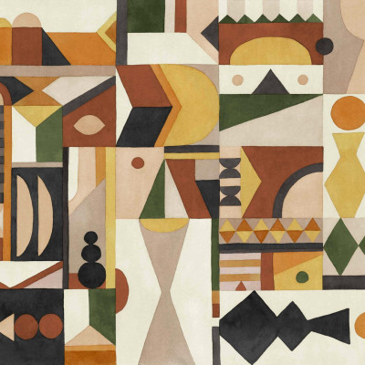 Wallpaper lavabil cu design abstract, inspirat din ceramica traditionala marocana, cu culori calde si forme geometrice