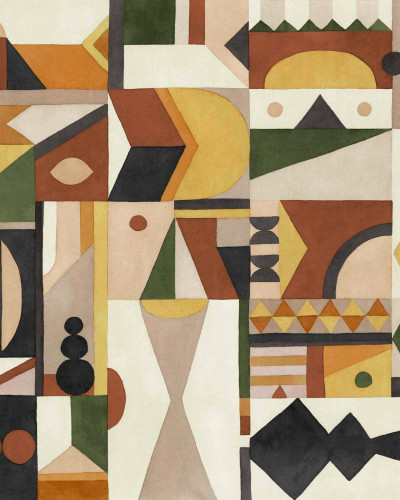 Wallpaper lavabil cu design abstract, inspirat din ceramica traditionala marocana, cu culori calde si forme geometrice