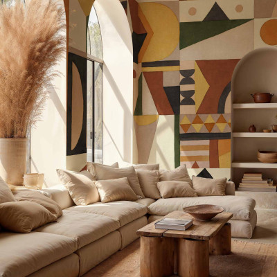 Wallpaper lavabil cu design abstract, inspirat din ceramica traditionala marocana, cu culori calde si forme geometrice
