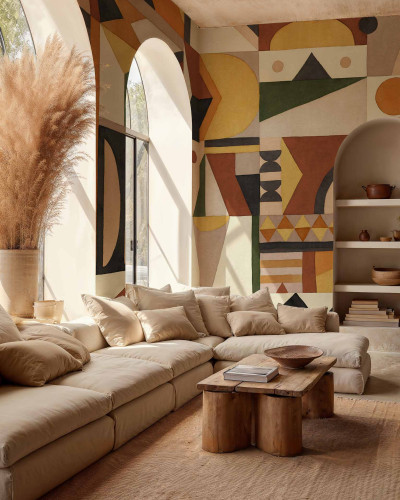 Wallpaper lavabil cu design abstract, inspirat din ceramica traditionala marocana, cu culori calde si forme geometrice