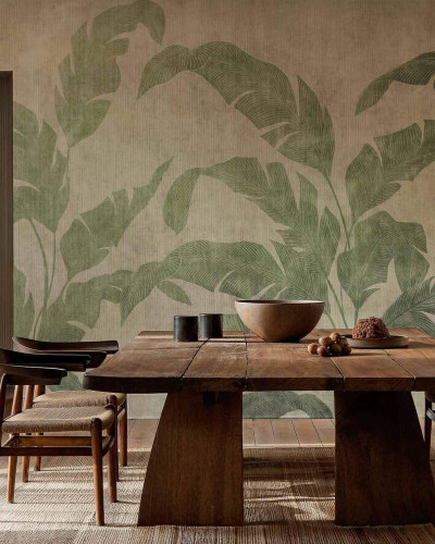 Tapet lavabil cu design minimalist, cu frunze de palmier în nuanțe de verde.
