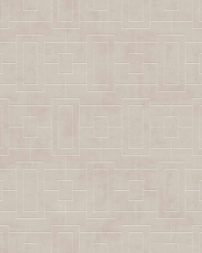 Tapet lavabil cu model geometric Fretwork Limestone, cu o textura fina, gri deschis. Imaginea prezinta o masa cu o fata de masa alba, pe care se afla o vaza cu flori si o cana, pe un fundal de tapet gri.