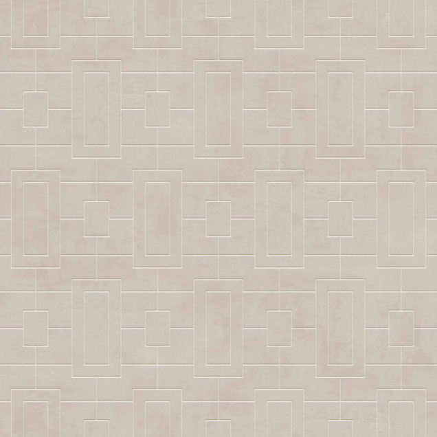 Tapet lavabil cu model geometric Fretwork Limestone, cu o textura fina, gri deschis. Imaginea prezinta o masa cu o fata de masa alba, pe care se afla o vaza cu flori si o cana, pe un fundal de tapet gri.