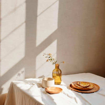 Tapet lavabil cu model geometric Fretwork Limestone, cu o textura fina, gri deschis. Imaginea prezinta o masa cu o fata de masa alba, pe care se afla o vaza cu flori si o cana, pe un fundal de tapet gri.