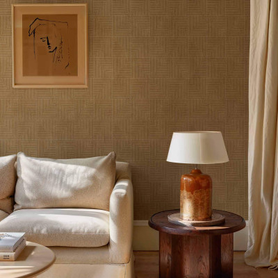 Tapet geometric bej lavabil, cu patrate albe pe un fundal bej, perfect pentru living sau dormitor.