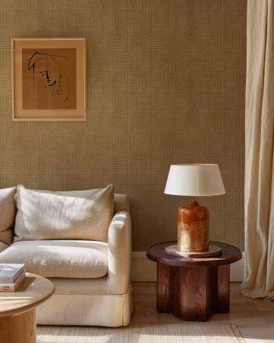 Tapet geometric bej lavabil, cu patrate albe pe un fundal bej, perfect pentru living sau dormitor.