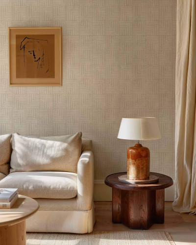Tapet lavabil cu design geometric minimalist, intr-o camera moderna.