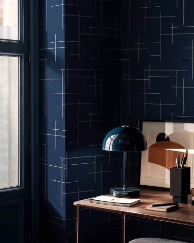 Tapet albastru cu model geometric în interior modern