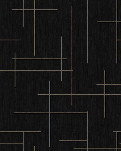 Tapet negru cu model geometric auriu în decor interior modern