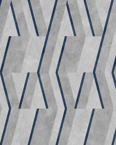 Tapet geometric bleumarin într-o baie modernă