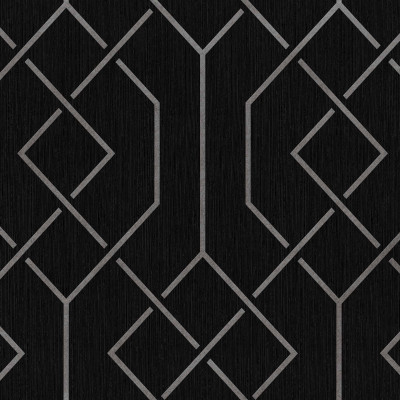Tapet modern cu model geometric negru și gri într-un dormitor elegant.