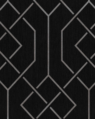 Tapet modern cu model geometric negru și gri într-un dormitor elegant.
