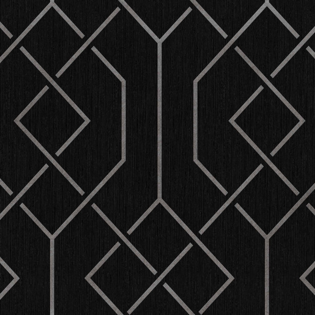 Tapet modern cu model geometric negru și gri într-un dormitor elegant.