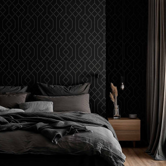 Tapet modern cu model geometric negru și gri într-un dormitor elegant.