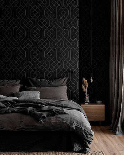 Tapet modern cu model geometric negru și gri într-un dormitor elegant.