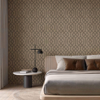 Tapet geometric maro în dormitor modern