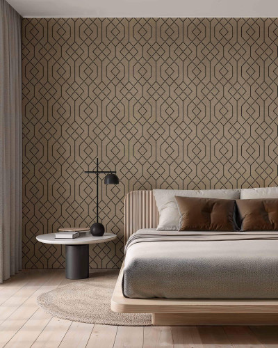 Tapet geometric maro în dormitor modern