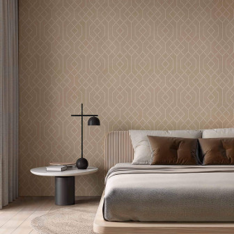Tapet cu model geometric bej în dormitor