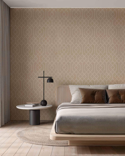Tapet cu model geometric bej în dormitor
