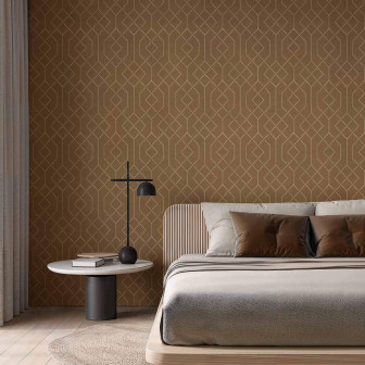 Tapet cu model geometric în nuanțe de nisip într-un dormitor modern