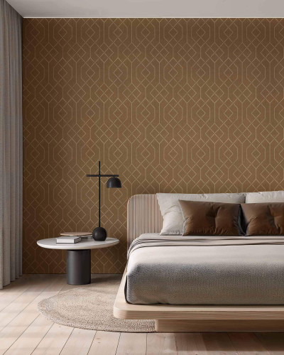 Tapet cu model geometric în nuanțe de nisip într-un dormitor modern